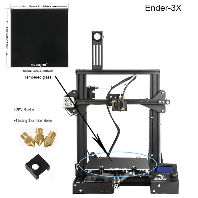 CREALITY 3d принтер Ender-3/Ender-3X/Ender-3pro обновленный закаленное стекло подарочные насадки+ нагревательный блок силиконовый рукав+ PLA