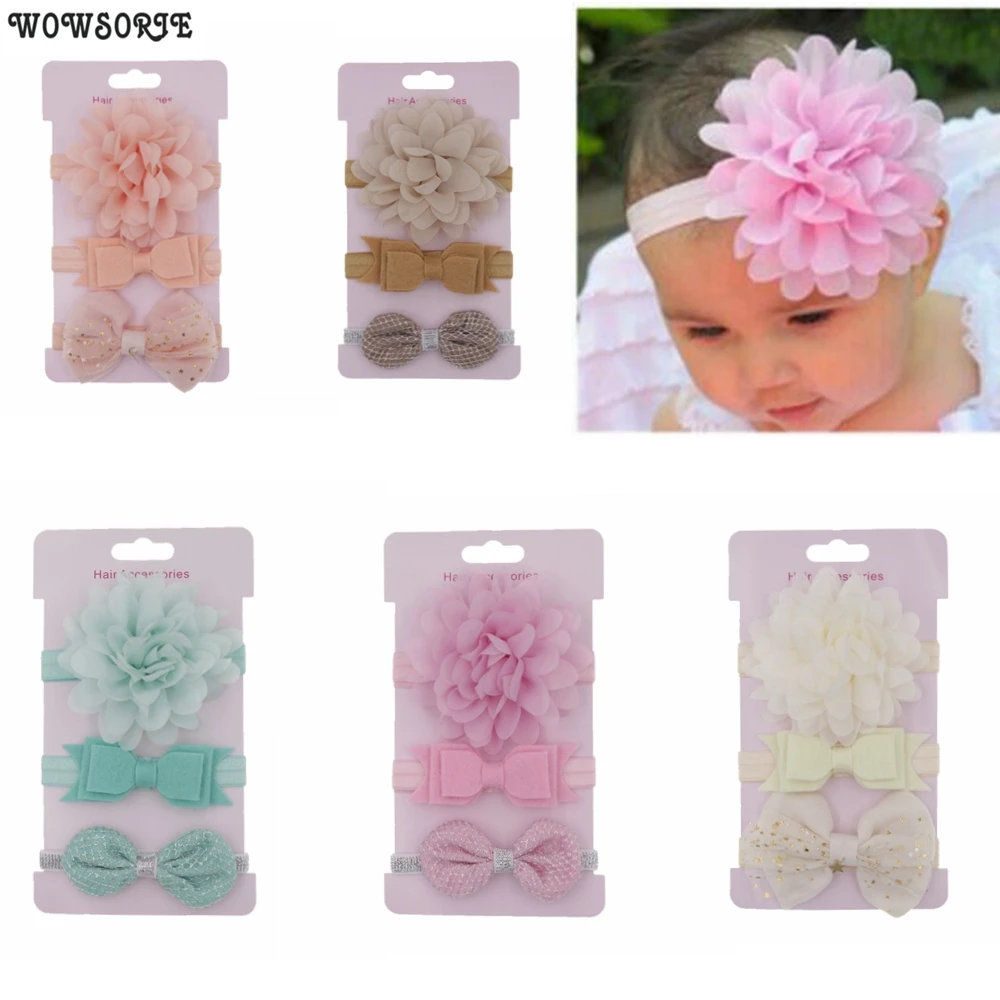 

2019 Korean baby Headband set elastic Chiffon flower headwear Cards hair bow band headwear baby girls hair accessories 3pcs/lot