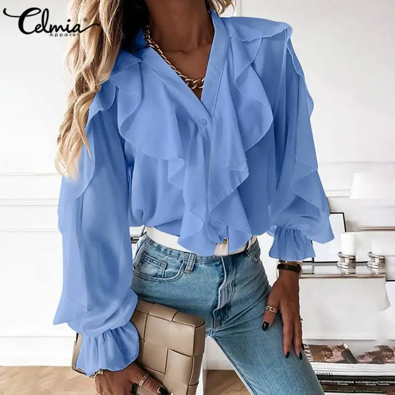 

Women White Blouse Celmia 2023 Fashion Elegant Ruffled Tops Sexy V neck Long Sleeve Shirt Female Casual Button Streetwear Blusas