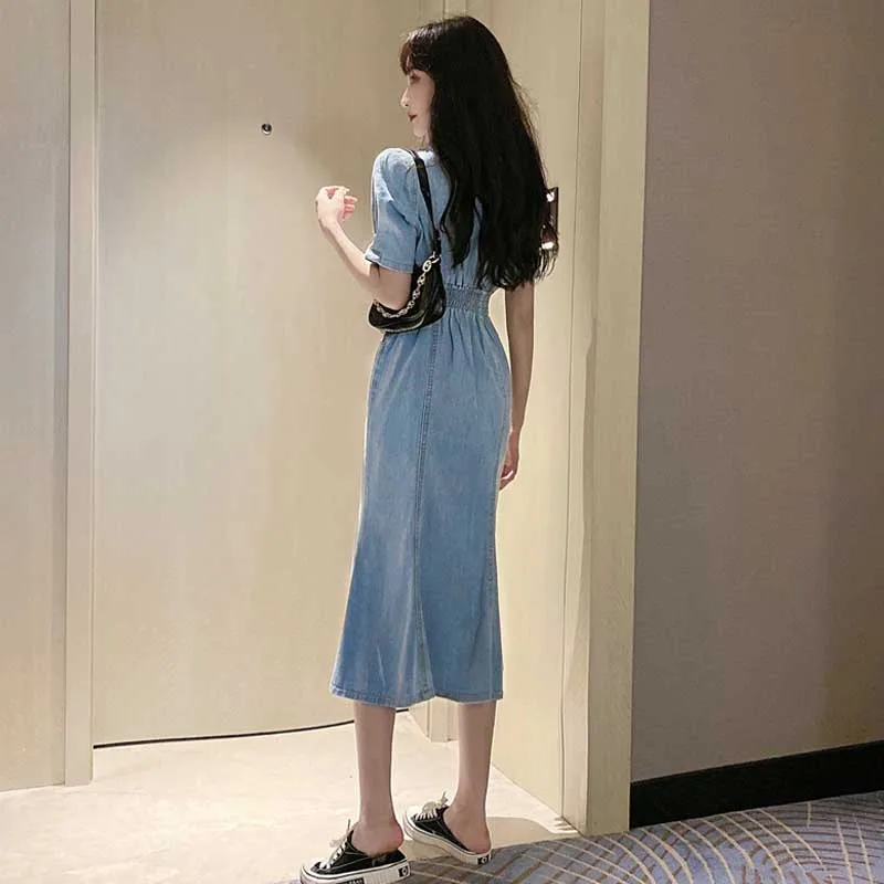 2020 For Female Summer Denim Dress One-Piece Vintage Elegant V-Neck Slim Puff Sleeve Dresses Women French Fashion Holiday Dress