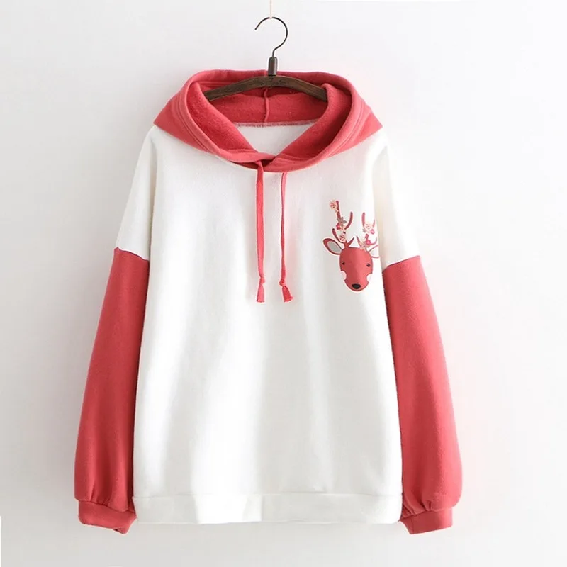 

Autumn Winter Thick Deer Print Cotton Sweatshirts Women Preppy Style Fleece Color Matching Warm Hoodies Student Kawaii Clothing