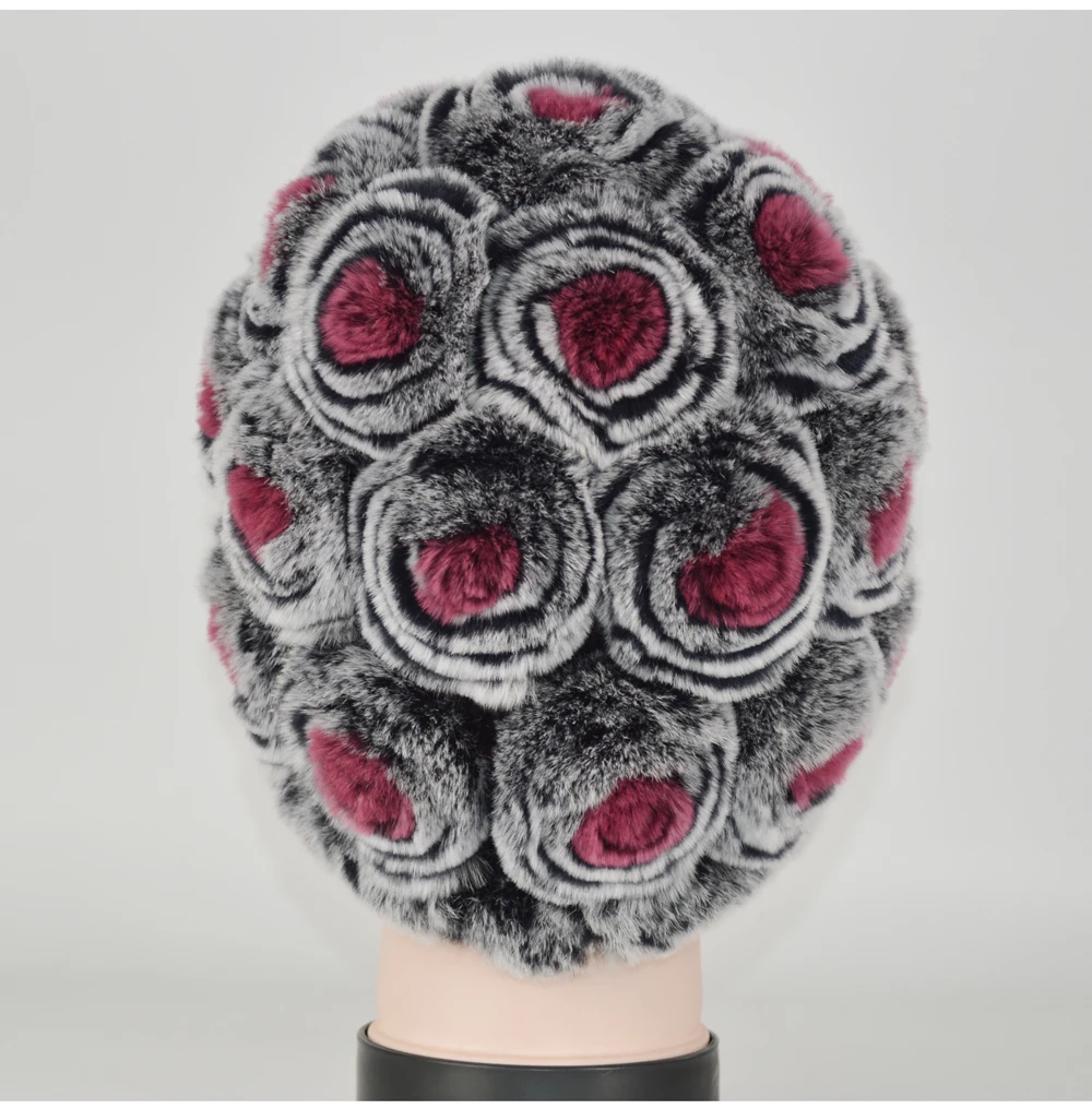 Winter Rex Rabbit Fur Hat Women Knitted Natural Rex Rabbit Fur Flowers Beanies Hats Warm Soft Real Rex Rabbit Fur Caps