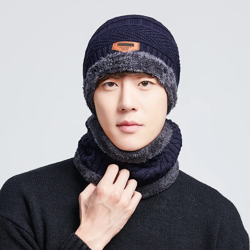 Iwinter MEN'S Hat Winter Warming Scarf Two-Piece Set Earmuff Knitted Wool Cap plus Velvet Pullover Toque