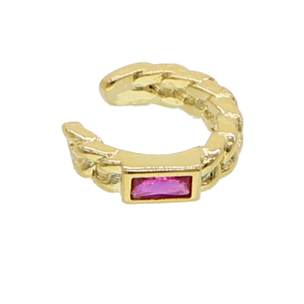 Goldfarbenes kubanisches Kettenband mit einem einzelnen Stein, rechteckig, grün, blau, rot, weiß, CZ, ohne Piercing, Ohrklemme, Ohrring, 1 Stück – Detail 4