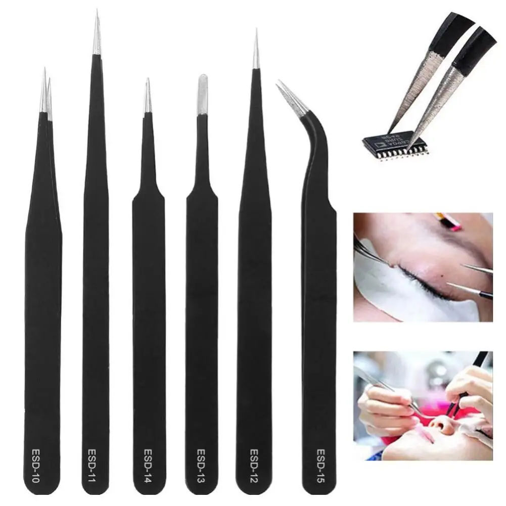 

10/12Pcs Stainless Steel Antistatic Curved Straight Tip Tweezers Repair Tool