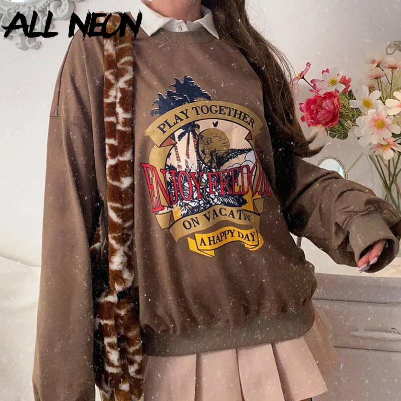 

ALLNeon Indie Aesthetics Vintage Graphic Oversized Sweatshirts Y2K Fashion Crewneck Long Sleeve Brown Tops E-girl Outfits 90s