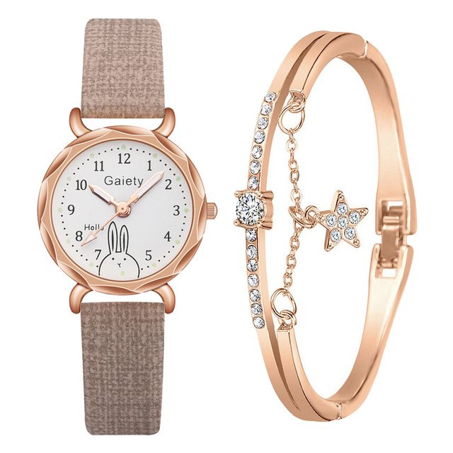 Brand 2pcs Set Casual Watch For Women Rhinestone Bracelet Watch Leather Ladies Wrist Clock Simple Dress Gfit Montre Femme