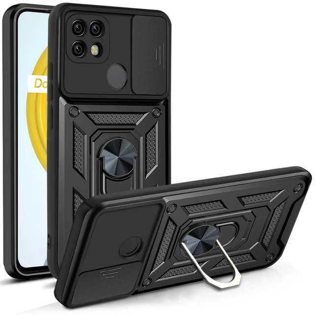 OPPO Reno 6 Z A16 A15 A74 A54 A94 A15S Case Realme  8 C21 C11 2021 A9 A5  Slide Stand Kickstand Ring Camera Military Grade Cover Black