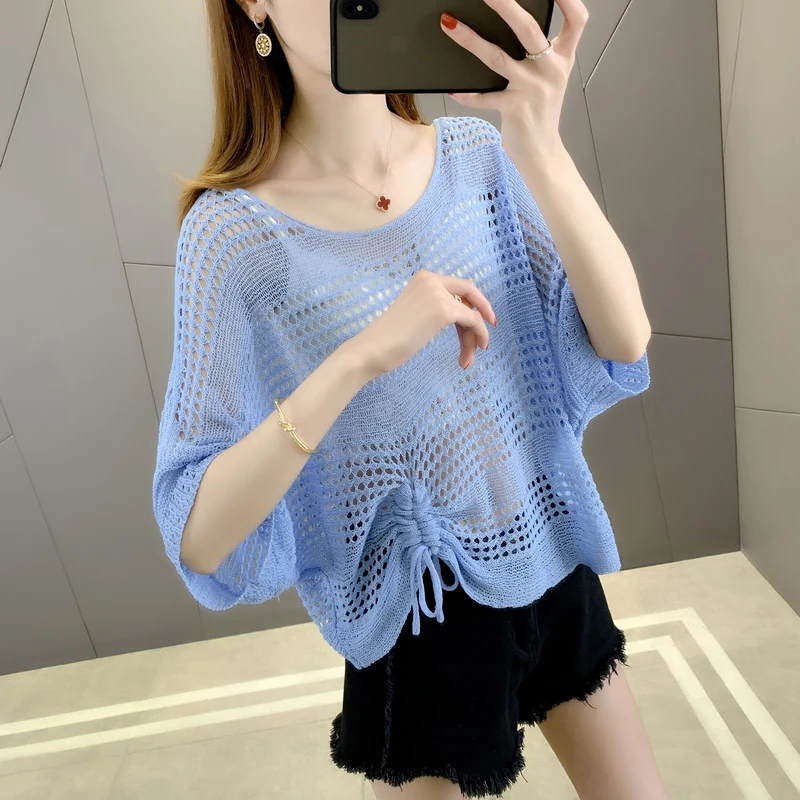 

20193 real shot round neck Pullover drawstring hollow solid short sleeve 27