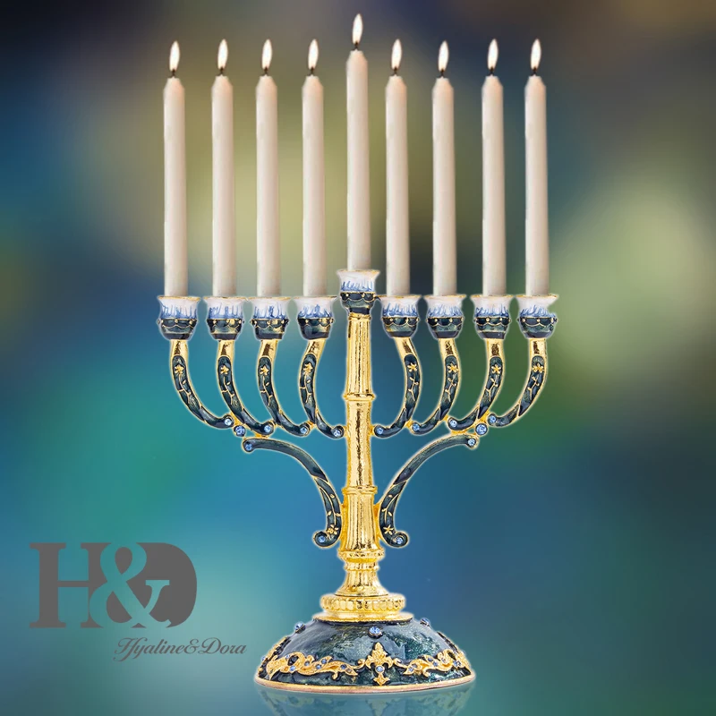 H&D ручная роспись Эмаль Цветочный Hanukkah Menorah подсвечник 9 веток канделябры украшенные кристаллами Звезда Давида Хамса