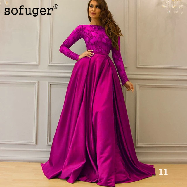 $US $92.46 Muslim Long Sleeves Fuschia Satin Evening Dress Appliques Evening Dress Prom Vestidos De Fiesta Formal Party Dress Saudi Arabic