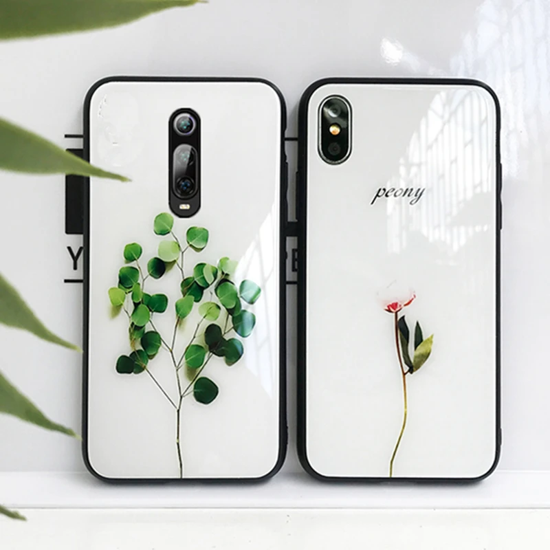 Чехол из закаленного стекла для Meizu 15 16 16 s, простой глянцевый Жесткий чехол с зеленым растением пиона для Meizu 16 16 15 16 s, чехол для телефона