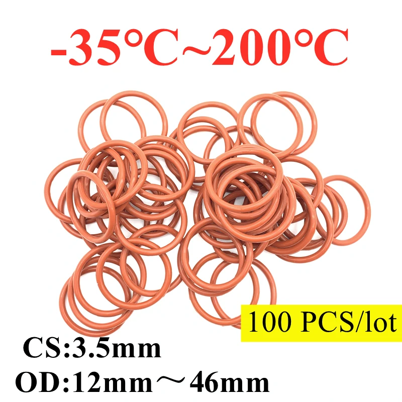 100pcs VMQ O Ring Seal Gasket Thickness CS3.5mm OD12 ~ 46mm Silicone Rubber Insulated Waterproof Washer Round Shape Nontoxic Red |