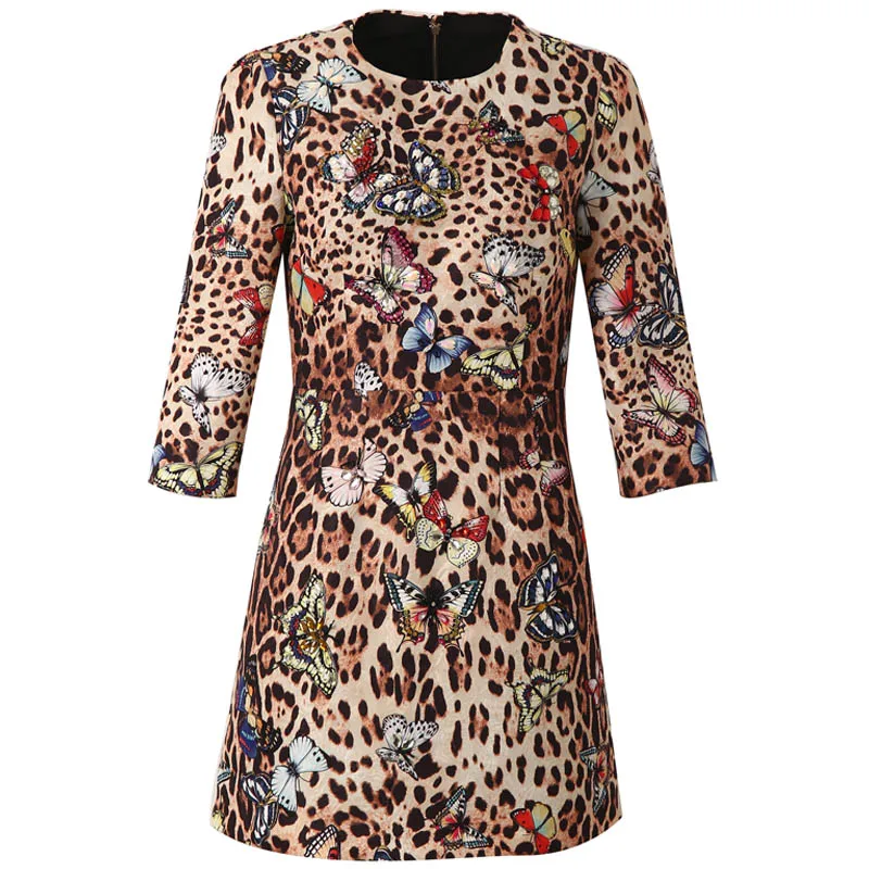 

Three-dimensional beaded diamond butterfly 2019 autumn new leopard print dress 190815LU03