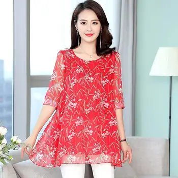 

2020 New Summer Middle Aged Women Elegant Floral Blouse Tops Female Fashion Chiffon Bottoming Camisetas Plus Size 4xl Shirt W12