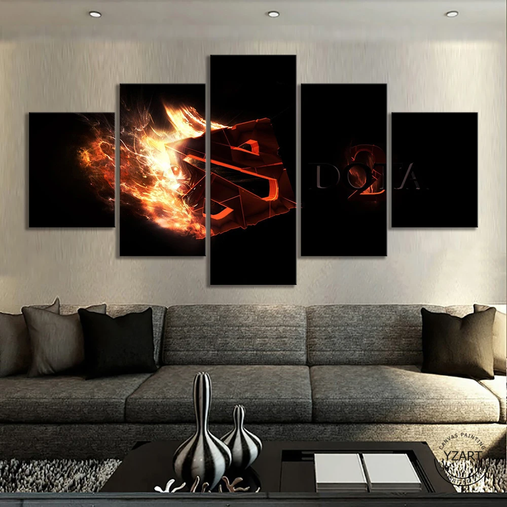  5 Piece Dota 2 Logo Fire Effect Picture Canvas Paintings Wall Art Dota Games Art Wall Paintings Liv