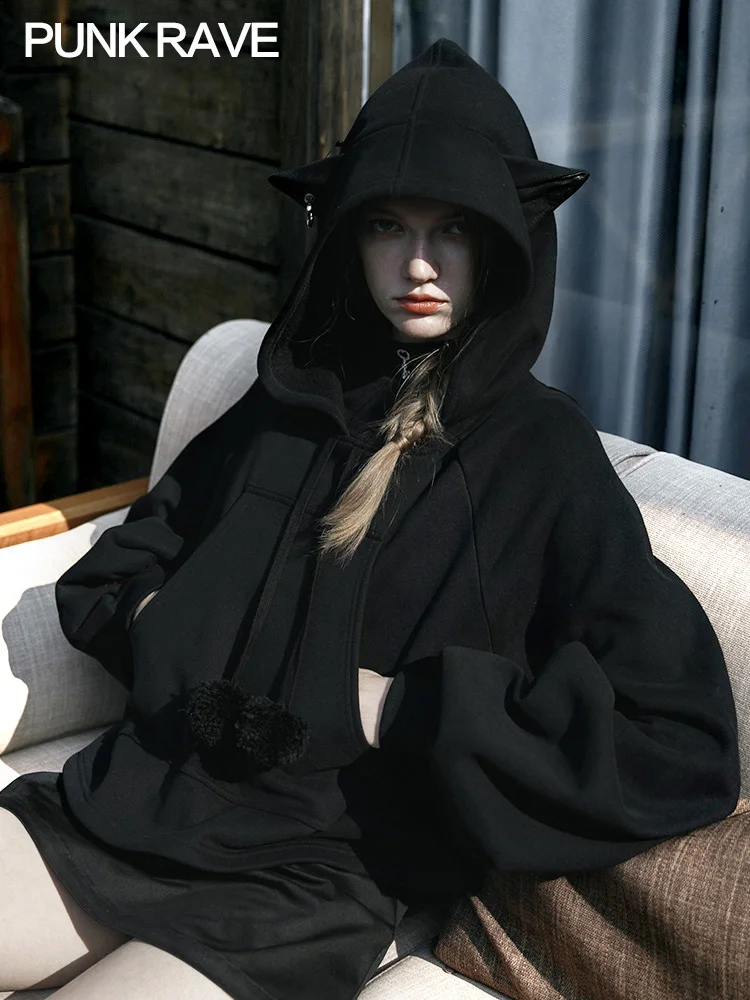 PUNK RAVE Women Gothic Lazy Wind Loose Hoodie Plus Velvet Autumn New Dark Turtleneck Lantern Sleeve Short Jacket