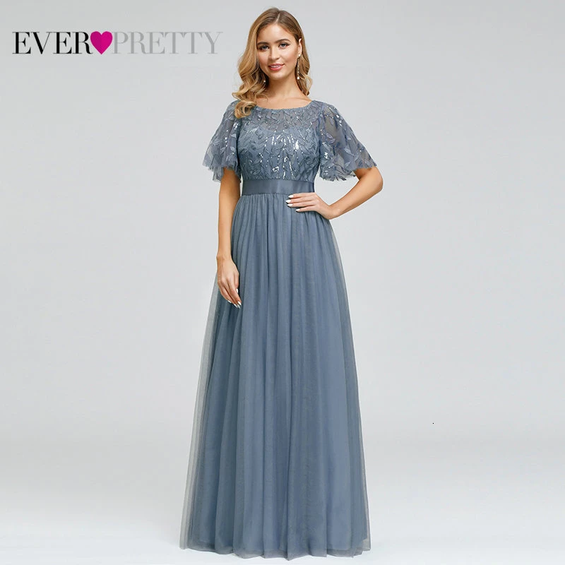 Robe De Soiree блестящие вечерние платья Длинные Ever Pretty EP00904GY A-Line o-образным вырезом с коротким рукавом Вечерние платья женские элегантные платья - Цвет: Dusty Blue