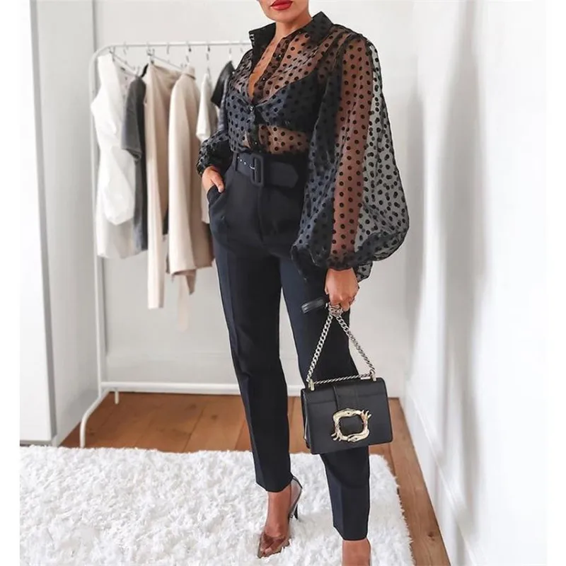 Прозрачные кружевные сетчатые блузки для женщин с длинным рукавом фонариком