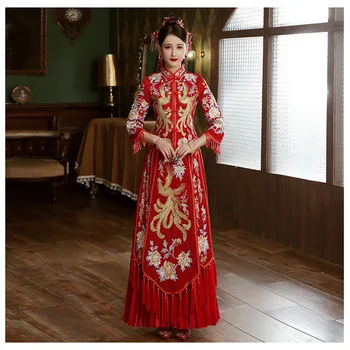 RED Size 4XL 5XL 6XL Bride Dress Wedding Dress Retro Dress Chinese Cheongsam Dress The Bride Toast Clothing Long Section