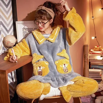 

Pajama Female Winter Flannel Pajamas Sets Female Turn-down Collar Full Sleepwear For women's Pajamas Winter Home Suits Pyjama
