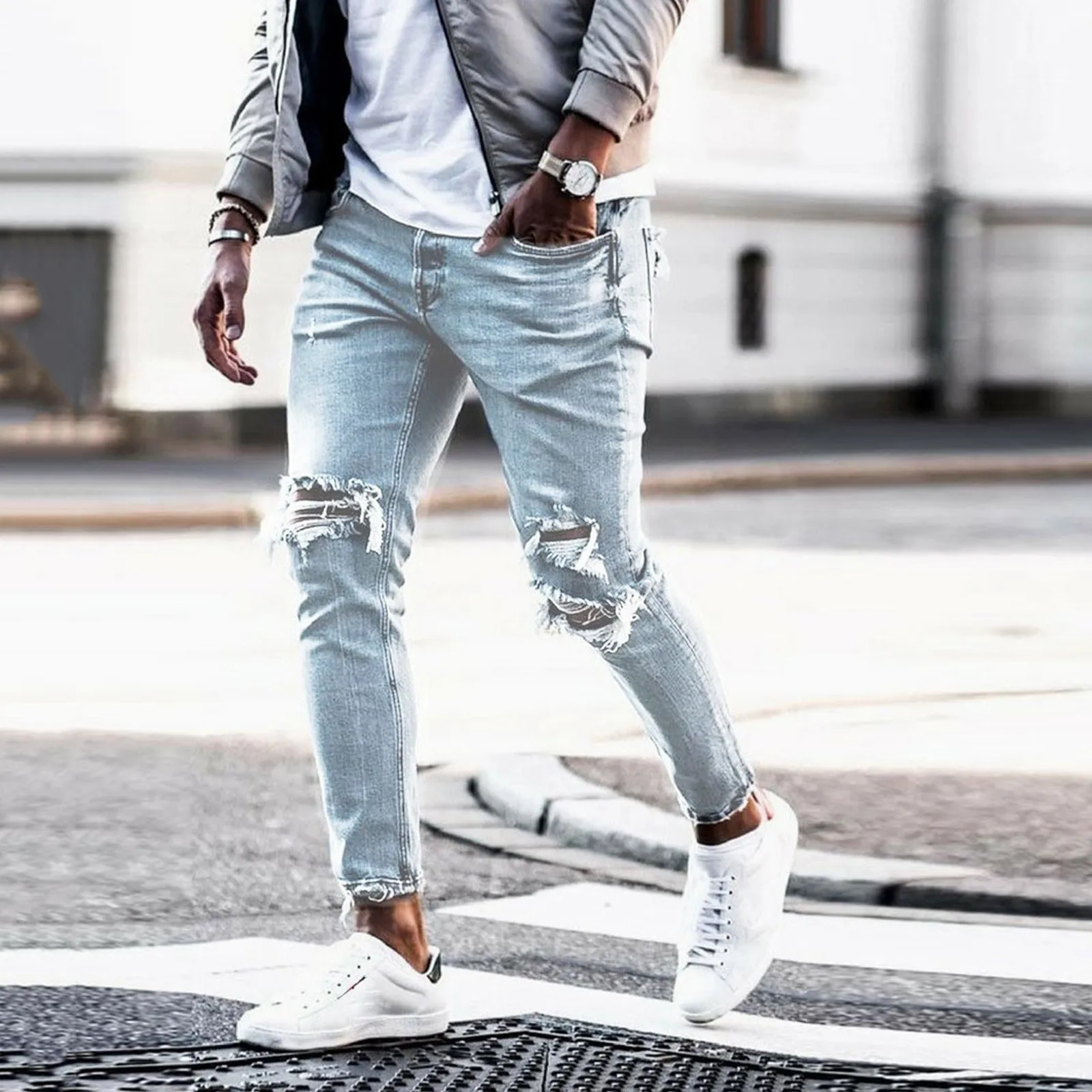 2021 Fashion New Casual Slim Jean Pants Autumn Street Style Ripped Jeans Men Vintage Solid Denim Trouser Streetwear Hipster 1