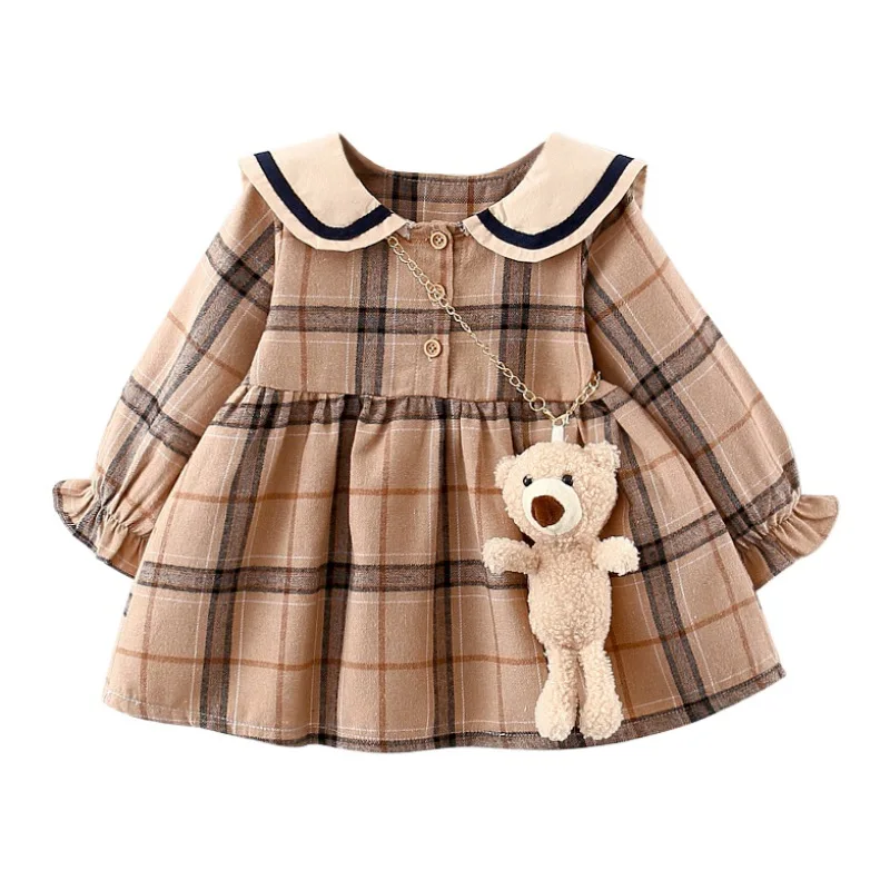 Toddler Baby Girl Dress with Bear Bag Spring Autumn Plaid Princess Dresses For Kids Cartoon Children Clothing Vestidos0-4y | Детская