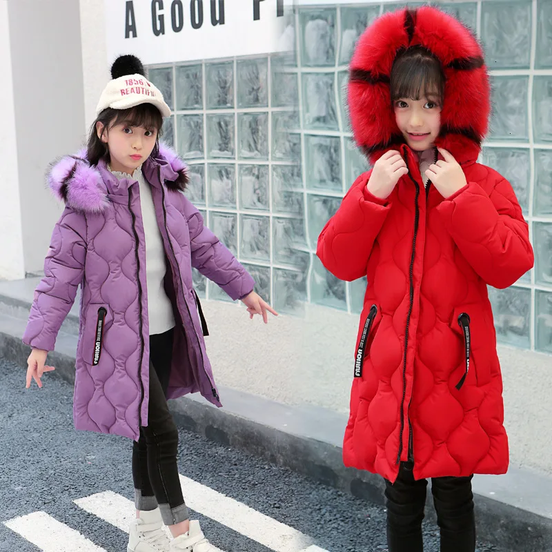 

Costume 2019 Winter Girl Cotton Jacket Coats Children Thickening Hand Plug Cotton Clothes Removable Fur Collar Outerwear Long