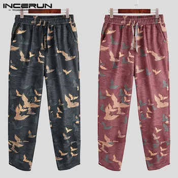 

Winter Men Retro Crane Printed Elastic Waist Harem Pants Fashion Street Thermal Casual Trousers Joggers Mens Baggy Pants INCERUN