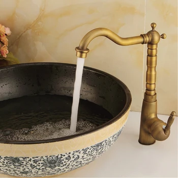 

Curved Mixer Copper Hot Cold Water Home Rotatable Spout Single Handle Countertop Basin Faucet Taps Retro Style Dishwashing