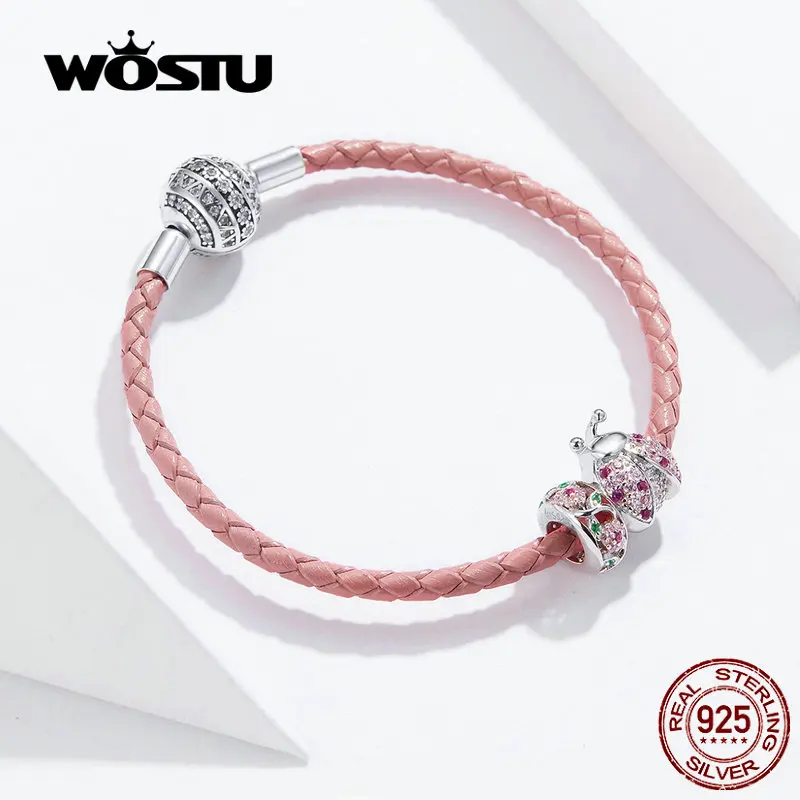 WOSTU, натуральная 925 пробы, серебро, красный, божья коровка, браслеты с подвесками и браслет для женщин, милые бусины «божья коровка», ювелирное изделие, подарок BKB823