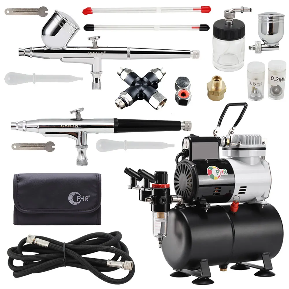 OPHIR 2x Dual Action Airbrush Kit Air Tank Compressor with Splitter for Hobby Model Painting Tattoo Body Art AC115+004A+074+038