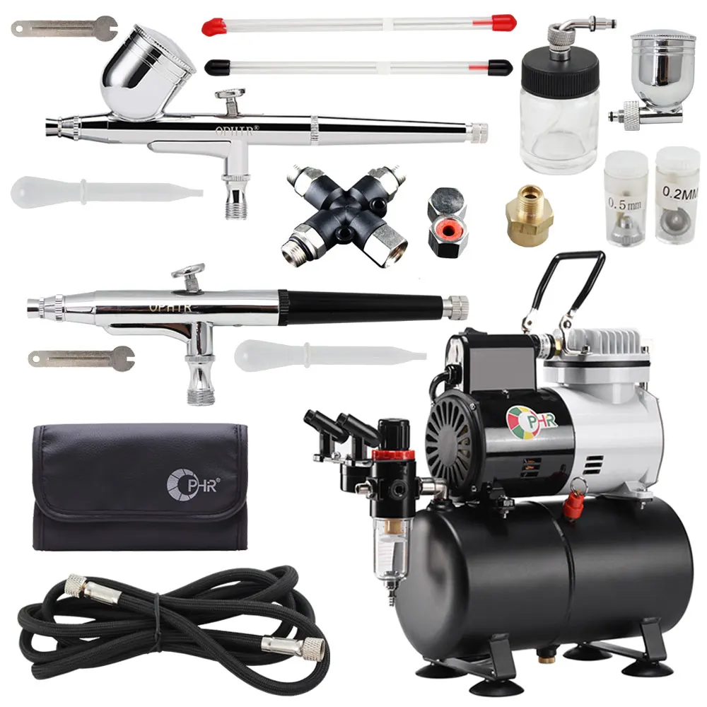 OPHIR 2x Dual Action Airbrush Kit Air Tank Compressor with