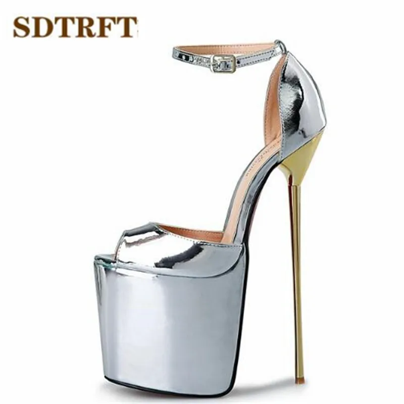 

SDTRFT Summer Ankle strap Sandals Gold Sliver shoes moman Stiletto zapatos mujer 22cm Thin Heels Ladies Platforms wedding Pumps