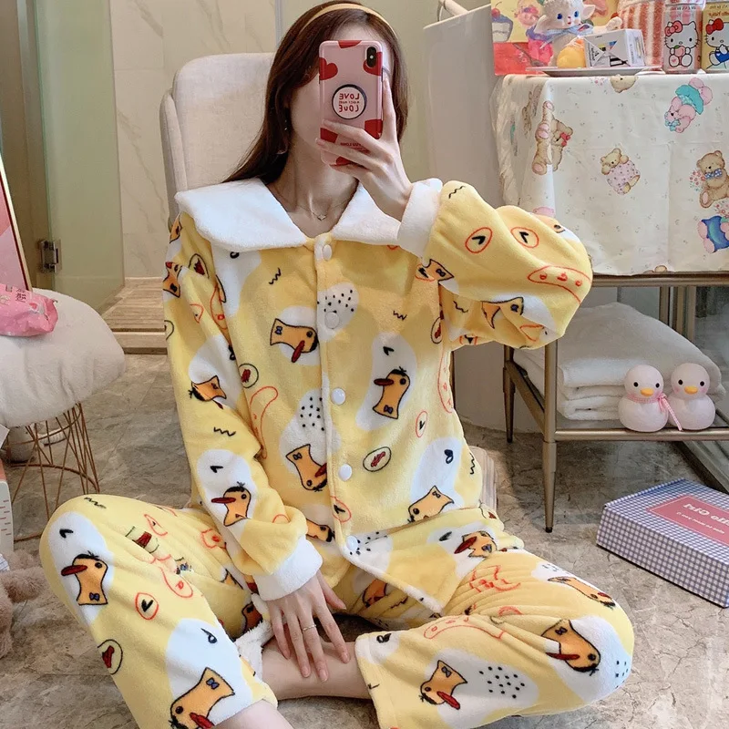 Christmas Pajamas Women Cute Printed Flannel Thickened Warm Cartoon Two-piece Female Pajamas Home Casual Clothing