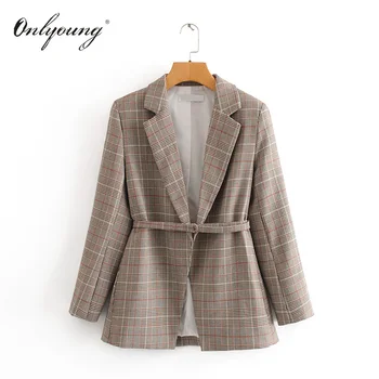 

Onlyoung 2020 Autumn Women Plaid Blazer Suit Jacket Coats Belted Office Lady Female Casual Blazer Outwear