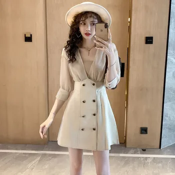 

Spring and summer New Elegant V-Neck Mesh A-Line Dress Women Korean Style Double Breasted Mini Dress Long Sleeve Party Dresses
