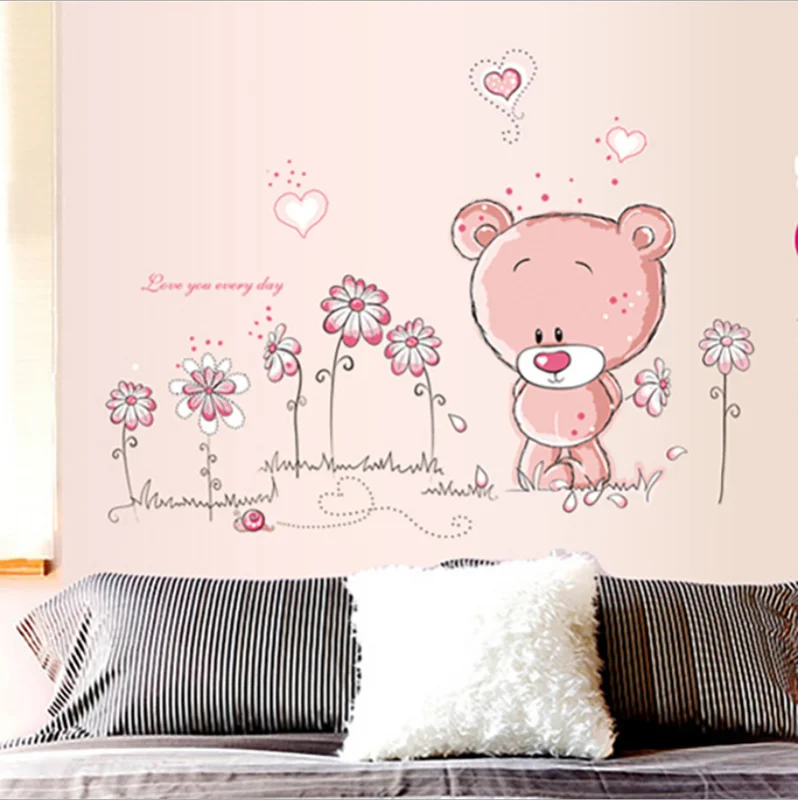 Мультяшный милый розовый медведь цветок детский Декор для детской спальни