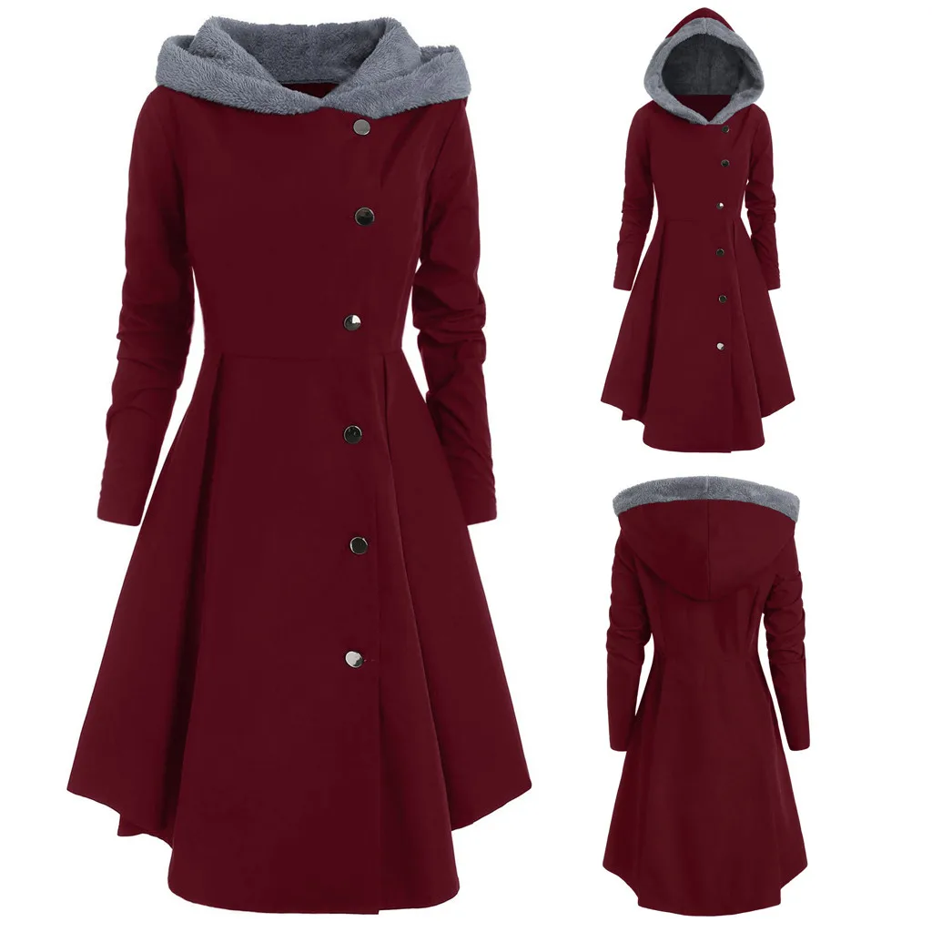 Women Hooded Coats Jackets 2women Plus Size Asymmetric Fleece Hooded Single Breasted Long Drap Buttons Thin Windbreakers
