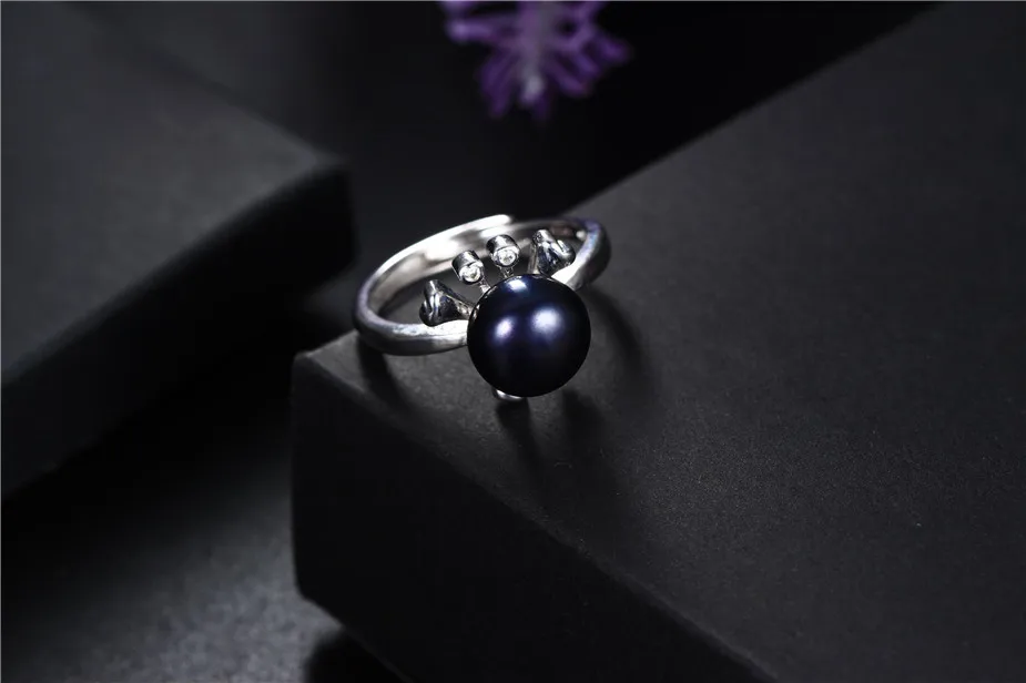 Frog design 8-9mm natural freshwater pearl ring for women gift, 925 sterling silver women adjustable jewelry ring