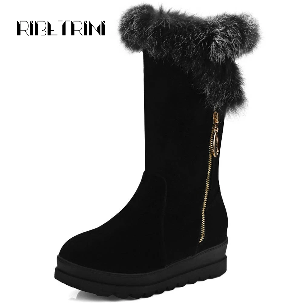 

RIBETRINI Thermal Fur Boots Women 2019 Hidden Wedge Heels Round Toe Platform Shoes Woman Rabbit Hair Nubuck Snow Boots Big Size