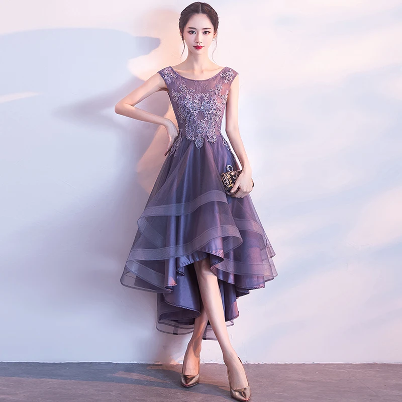 

Fashion Summer High Low Dresses sleeveless Elegant Slim Front short back long Puffy Party Dress Purple Women Tulle Dress
