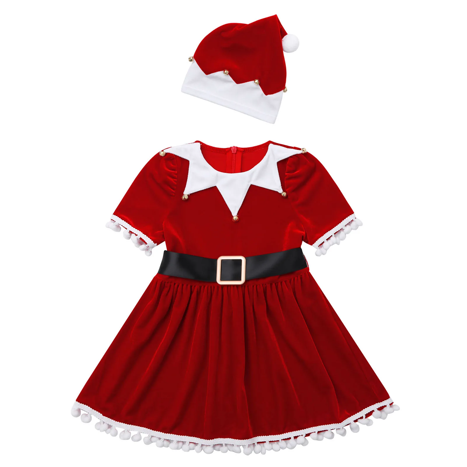 Kids Girls Elf Christmas Costumes Santa Claus New Year Clothes Short Sleeve  Tutu Dress with Hat Belt for Fancy Party Dress Up