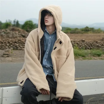 

Winter Thickening Lamb Hair Jacket Men's Warm Parka Men Fashion Hooded Coat Mens Loose Cotton Tooling Jackets Male Clothes