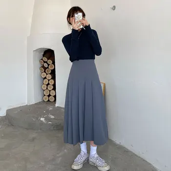 

3 colors SML autumn winter Women Long pleated Skirt vintage midi skirt solid color High Waist long Skirts womens (X263)