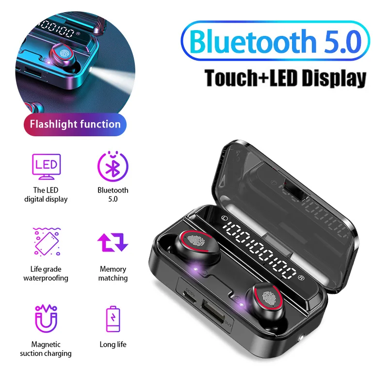 TWS Bluetooth 5 0 Earphones Stereo Sport Wireless Headphone Touch Earbud HiFi Music Stereo Digital UV Headset with Flashlight