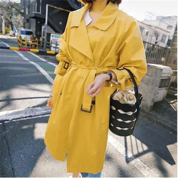 

2018 Spring Fall Yellow Windbreaker Women New Fashion Yellow Trench Coat Girl Students Long Casual Trenches Outwear Overcoat