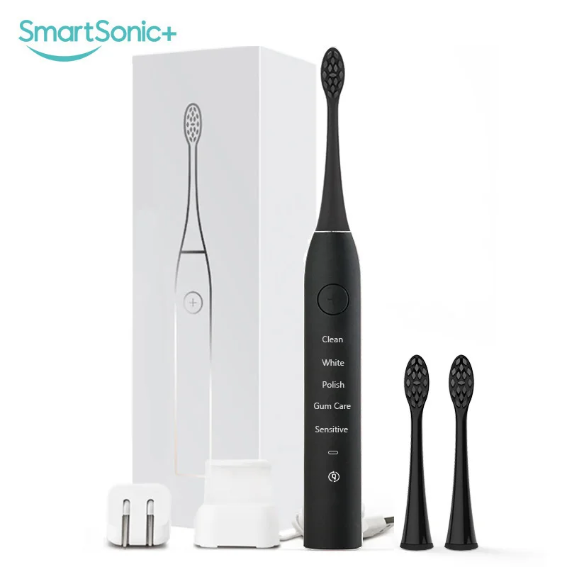 Черный SmartSonic+ электрическая зубная щетка для чистки зубов Водонепроницаемая Usb зарядка зубная щетка с 2 сменными головками Dupont - Цвет: Черный
