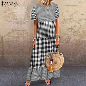 

ZANZEA Women Plaid Checked Dress Vintage Summer Short Sleeve Sundress Casual Patchwork Kaftan Party Vestido Robe Femme Dresses