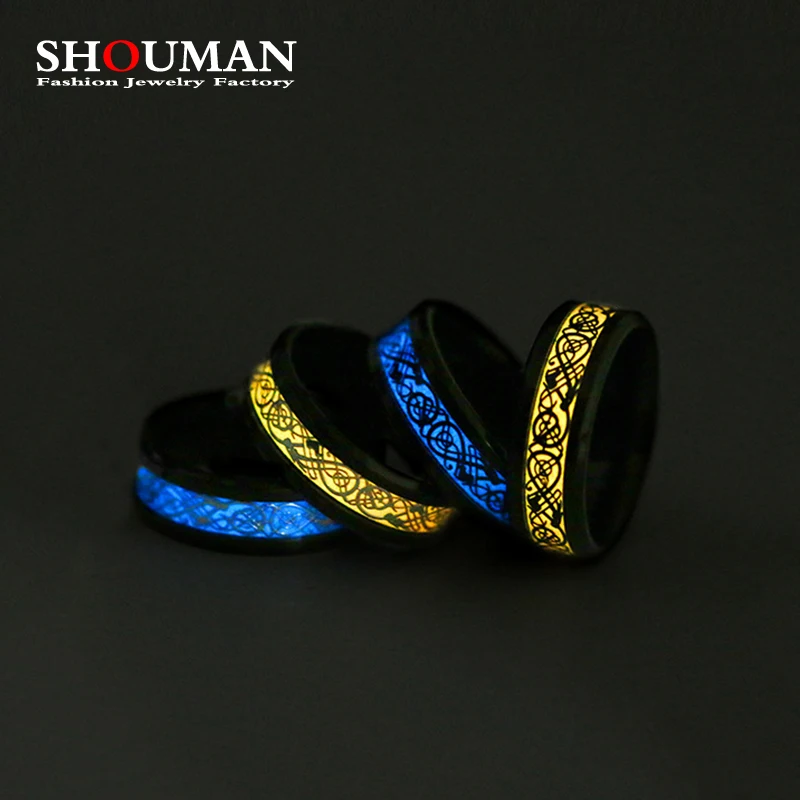 SHOUMAN-anillo de acero inoxidable para hombre y mujer, sortija de boda fluorescente, dragón luminoso, amarillo, azul, verde, brillante